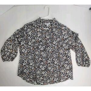 Counterparts Top Women's Large Black Floral Popover Ruffle Trim V Neck Balloon